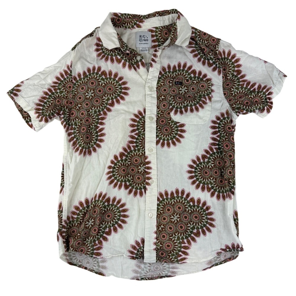 RVCA Button Up Shirt Mens Small White Kelsey Brookes ANP Geometric Short Sleeve
